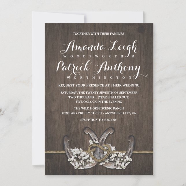Horseshoe Baby's Breath Rustic Wedding Invitations (Front)