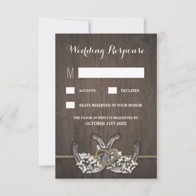 Horseshoe Baby's Breath Rustic Wedding RSVP Cards (Front)