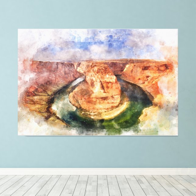 Horseshoe Bend in Grand Canyon watercolor Canvas Print (Insitu(Wood Floor))