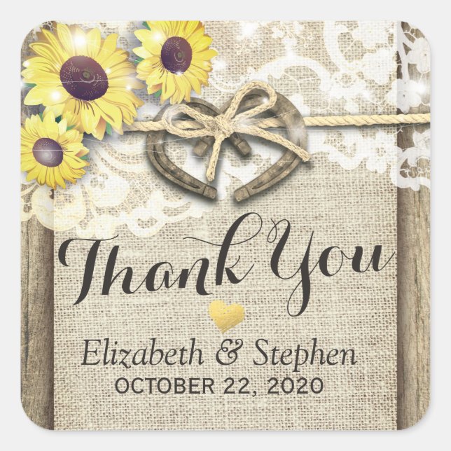 Horseshoe Burlap Lace Sunflowers Wedding Thank You Square Sticker (Front)