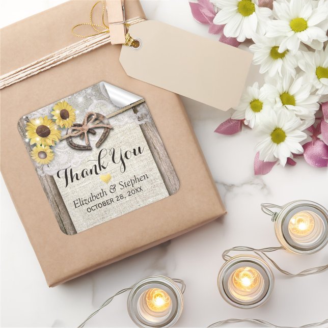 Horseshoe Burlap Lace Sunflowers Wedding Thank You Square Sticker (Creator Uploaded)