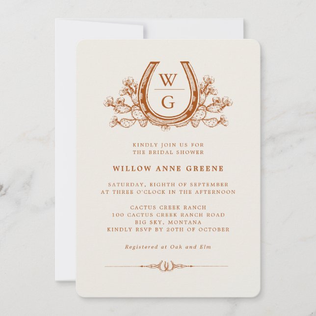 Horseshoe Cactus Western Boho Bridal Shower Photo  Invitation (Front)