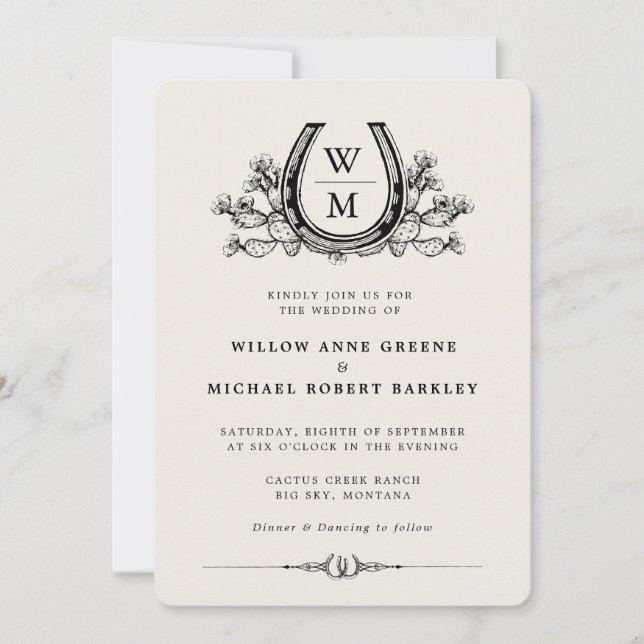Horseshoe Cactus Western Country Boho Wedding  Invitation (Front)