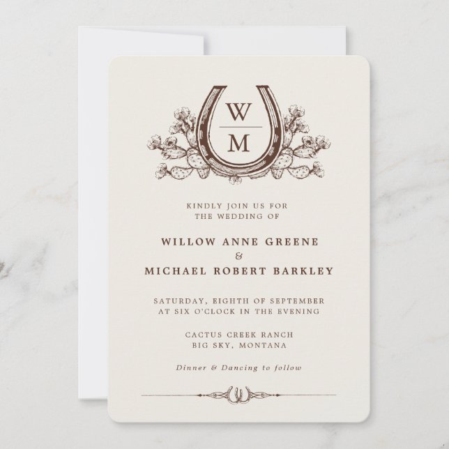 Horseshoe Cactus Western Country Boho Wedding   Invitation (Front)