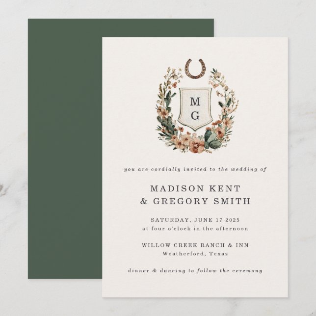 Horseshoe Cactus Western Country Crest Wedding  Invitation (Front/Back)