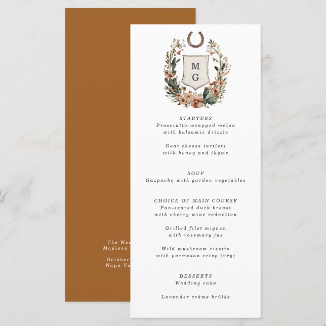 Horseshoe Cactus Western Country Crest Wedding  Menu (Front/Back)