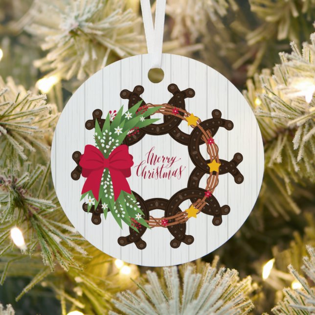 Horseshoe Christmas Wreath Photo Metal Ornament (Insitu)