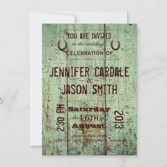 Horseshoe Green Barn Wood Rustic  Wedding Invites (Front)