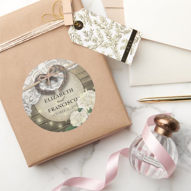 Horseshoe Heart Lace Hydrangea Wood Wedding Shower Classic Round Sticker (Gifting)