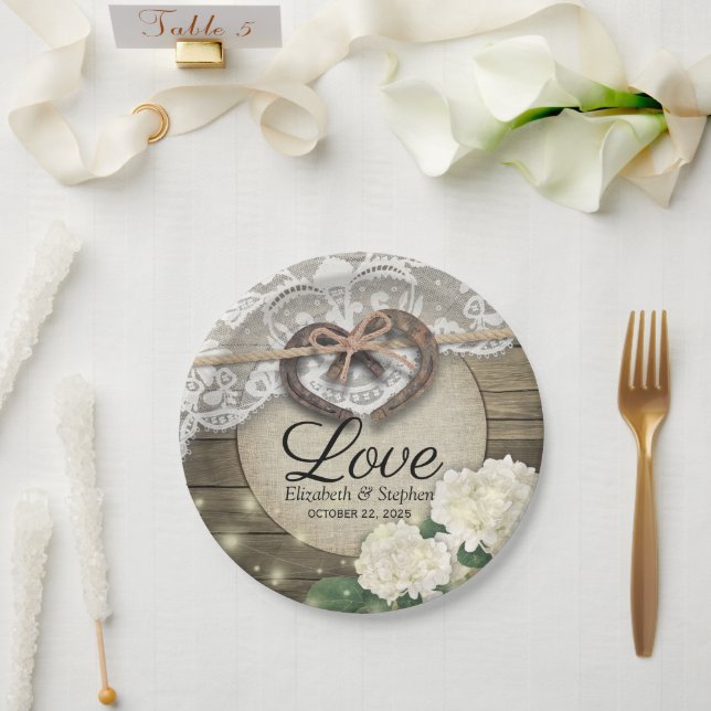 Horseshoe Heart Lace Hydrangea Wood Wedding Shower Paper Plate (Wedding)