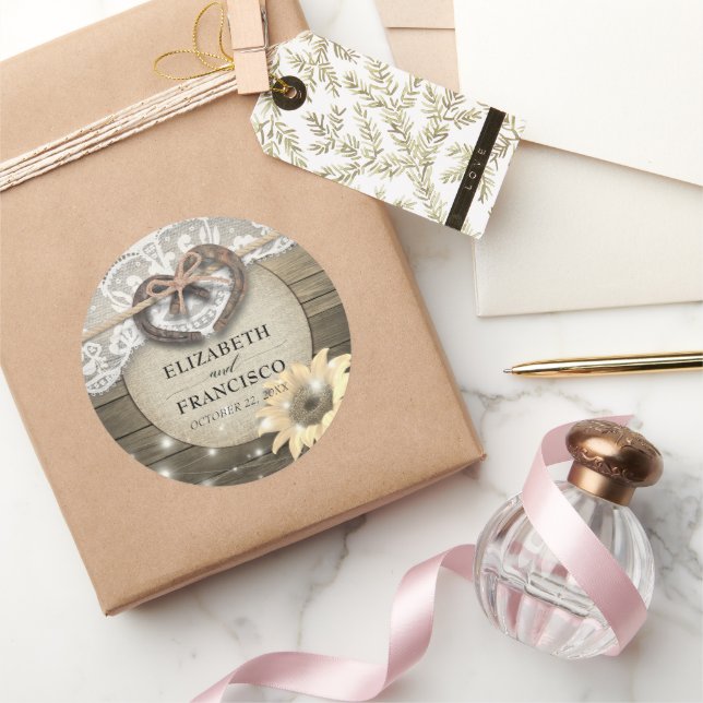 Horseshoe Heart Lace Sunflower Wood Wedding Shower Classic Round Sticker (Gifting)