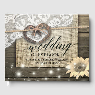 Horseshoe Heart Lace Sunflower Wood Wedding Shower Guest Book
