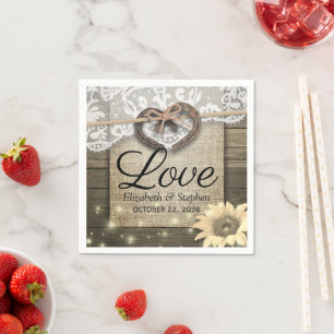Horseshoe Heart Lace Sunflower Wood Wedding Shower Napkin