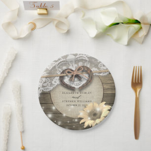 Horseshoe Heart Lace Sunflower Wood Wedding Shower Paper Plate