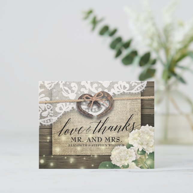 Horseshoe Hydrangea Country Wood Wedding Thank You Postcard (Standing Front)