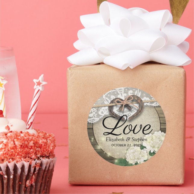 Horseshoe Hydrangea Wood Country Wedding Thank You Classic Round Sticker (Party)