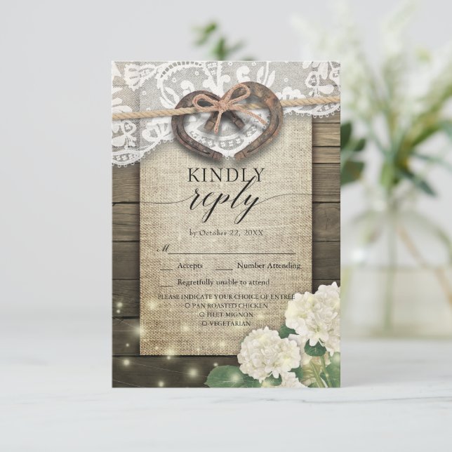 Horseshoe Hydrangea Wood Wedding RSVP Kindly Reply (Standing Front)