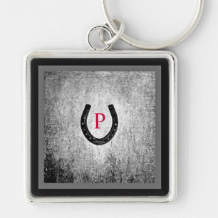 Horseshoe in Black and Gray Plaid Monogrammed Key Ring