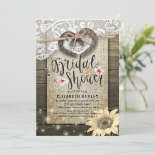 Horseshoe Lace Burlap Sunflower Wood Bridal Shower Invitation
