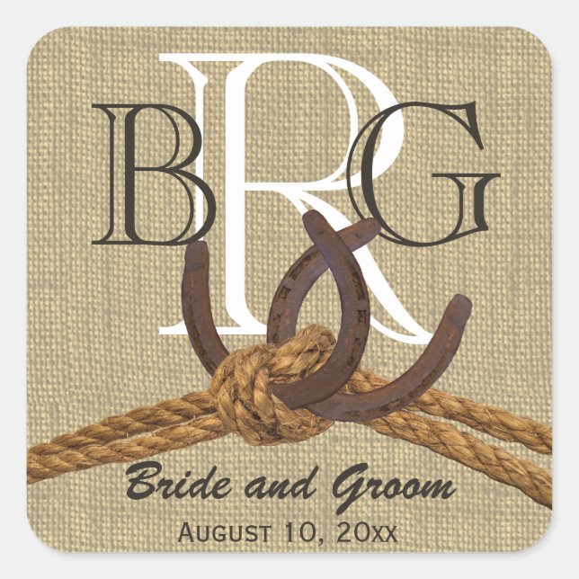 Horseshoe Monogram Rustic Country Rope Square Sticker (Front)