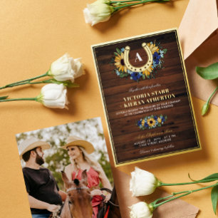 Horseshoe Monogram Sunflowers Blue Wood Wedding