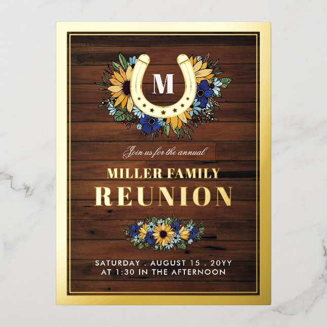Horseshoe Monogram Sunflowers Wood Family Reunion Foil Invitation Postcard (Front)