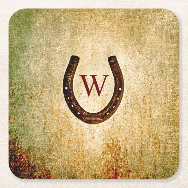 Horseshoe Monogrammed Square Paper Coaster (Front)