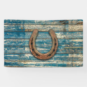 Horseshoe on Blue Wooden Boards Banner