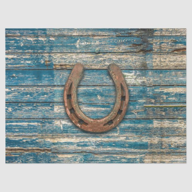 Horseshoe on Blue Wooden Boards Tissue Paper (Front)