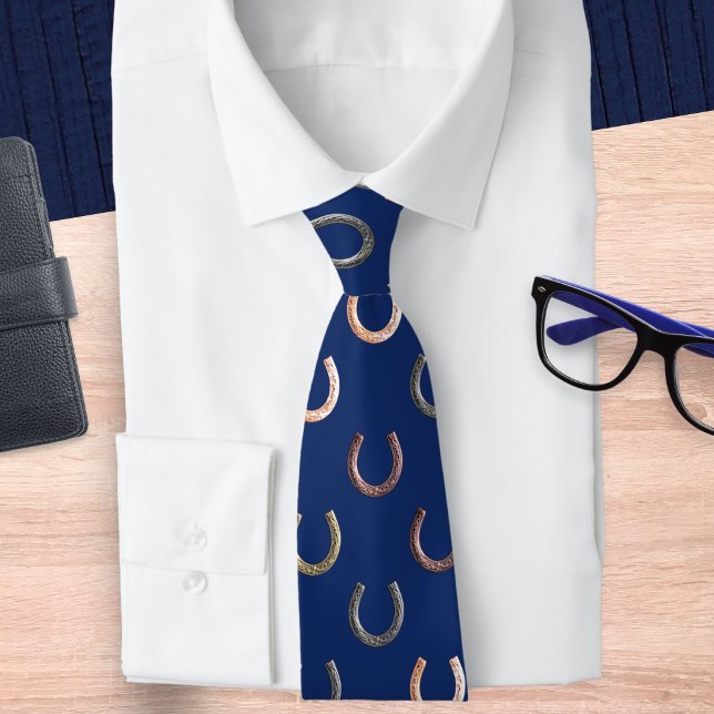 Horseshoe Pattern Equestrian Horse Rider Blue Tie (A blue tie with pattern of horseshoes, ideal for horse lovers)
