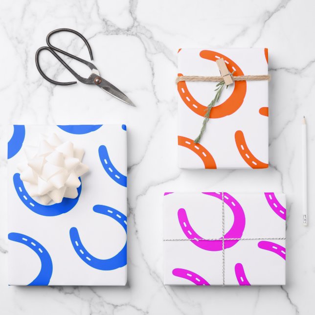Horseshoe Patterns Blue Orange Pink Horse Barn Fun Wrapping Paper Sheet (Front)