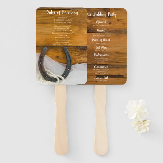 Horseshoe Pearls Country Western Wedding Programs Hand Fan (Front and Back)