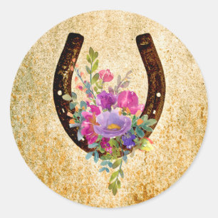 Horseshoe Rustic Watercolor Floral Good Luck  Classic Round Sticker