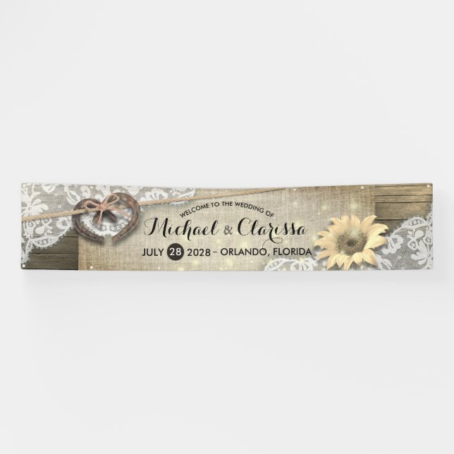 Horseshoe Sunflower Country Rustic Wedding Welcome Banner (Horizontal)
