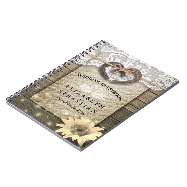 Horseshoe Sunflower Wood Country Wedding Guestbook Notebook (Left Side)
