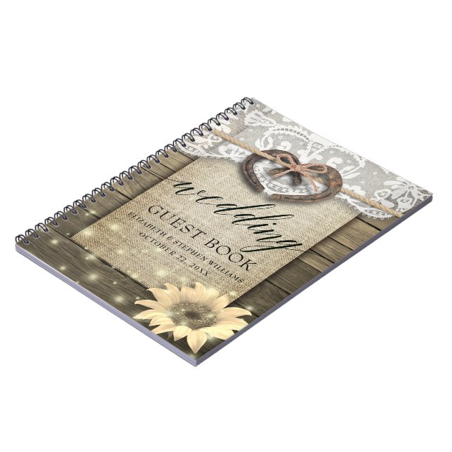 Horseshoe Sunflower Wood Country Wedding Guestbook Notebook (Left Side)