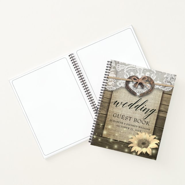 Horseshoe Sunflower Wood Country Wedding Guestbook Notebook (Inside)