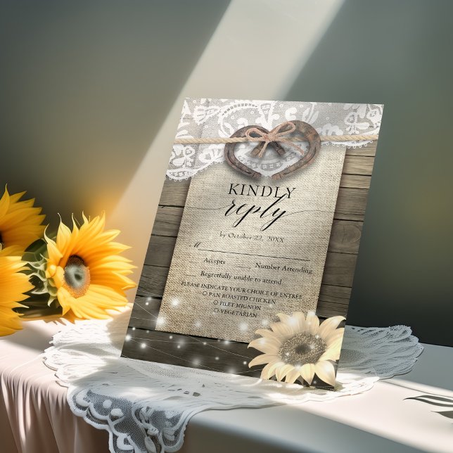 Horseshoe Sunflower Wood Wedding RSVP Kindly Reply Card (Creator Uploaded)