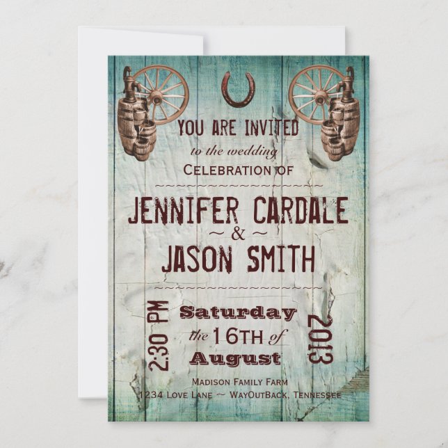Horseshoe Wagon Wheel Barrel Wedding Invitations (Front)