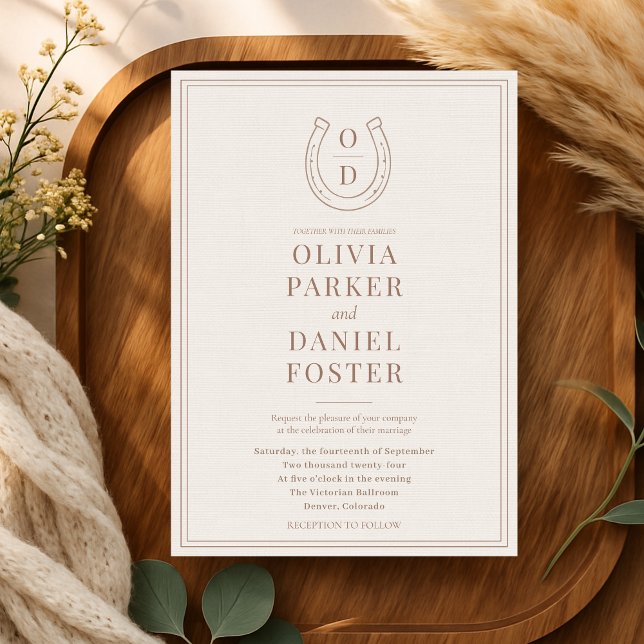 Horseshoe Western Country Brown Monogram Wedding Invitation (Creator Uploaded)