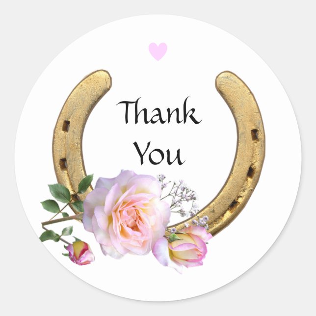  Horseshoe with Flowers & Heart Thank You Classic Round Sticker (Front)