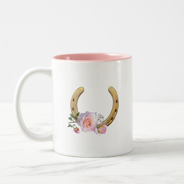  Horseshoe with Flowers & Monogram Two-Tone Coffee Mug (Left)