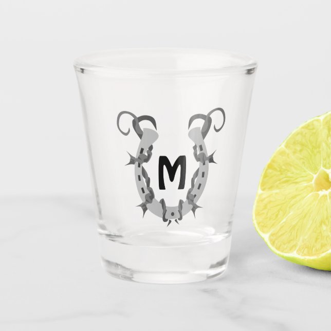 Horseshoe Wrapped in Barbed Wire Monogram Shot Glass (Front)