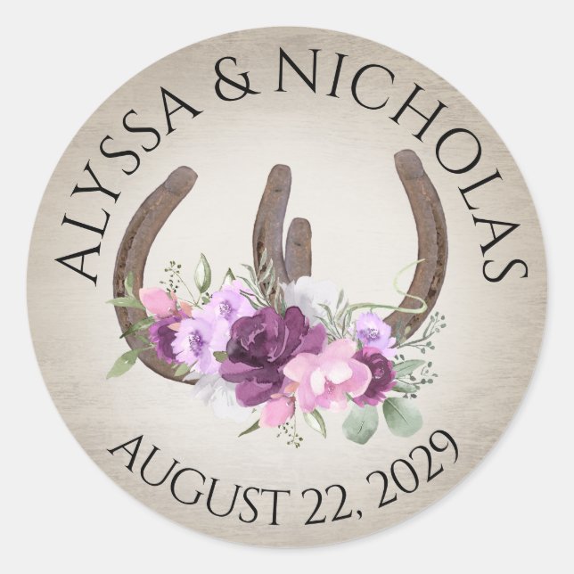 Horseshoes and Floral Purple Flowers Rustic Classic Round Sticker (Front)