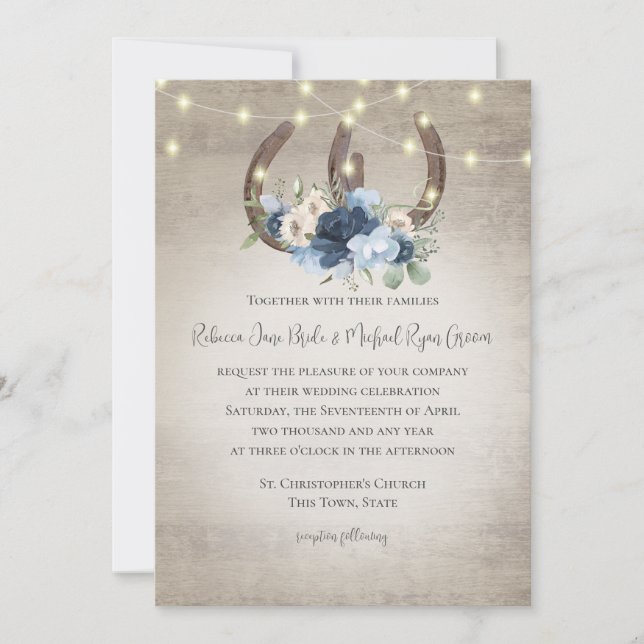 Horseshoes and Lights Floral Barn Wood Invitation (Front)