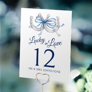 Horseshoes blue ribbon lucky watercolor wedding table number
