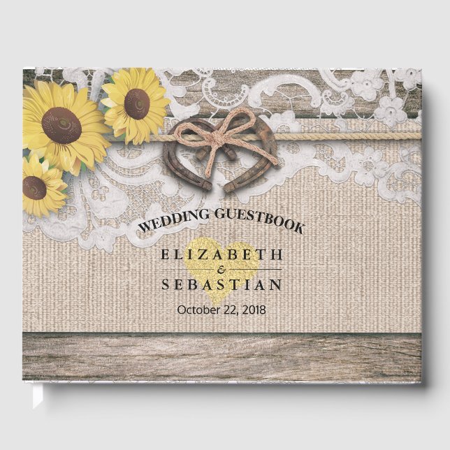 Horseshoes Burlap Lace Sunflower Wedding Guestbook (Front)