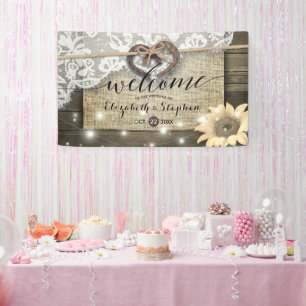 Horseshoes Burlap Lace Sunflowers Wedding Welcome  Banner