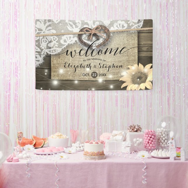 Horseshoes Burlap Lace Sunflowers Wedding Welcome  Banner (Party)