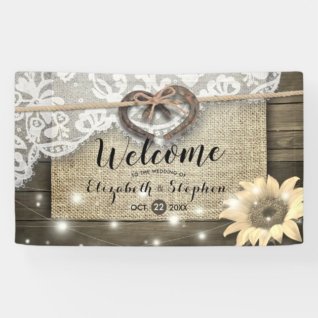 Horseshoes Burlap Lace Sunflowers Wedding Welcome Banner (Horizontal)